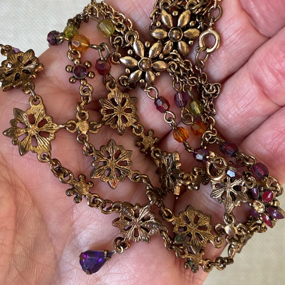 VTG Multi-Chain Crystal & Enamel Flowers Necklace w Purple Crystal Dangle - Picture 7 of 9